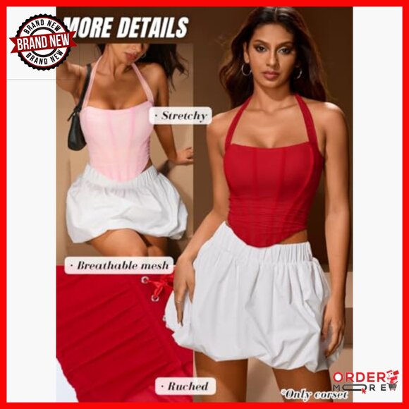 Mesh Corset Crop Top, Halter Bustier with Boning, Ruched Asymmetrical Hem - Picture 3 of 7